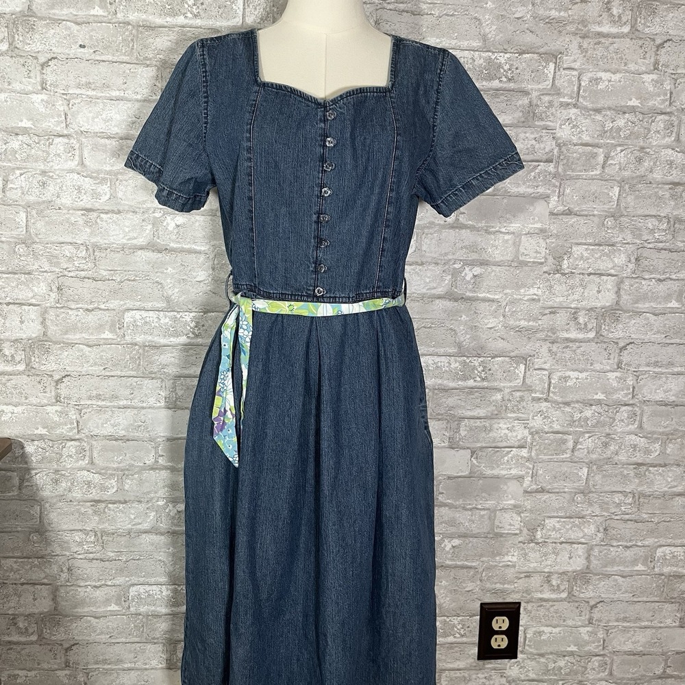 Vintage 90s Y2K Erika Denim Button-Front Shirt Dress Size Medium Floral Belt